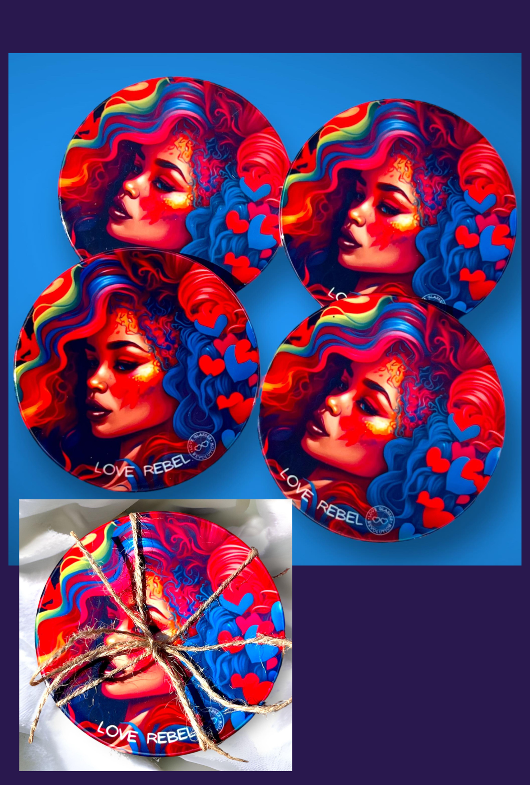3 1/2" round Love Rebel Coaster Set of 4 - Love Glasses Revolution Main image
