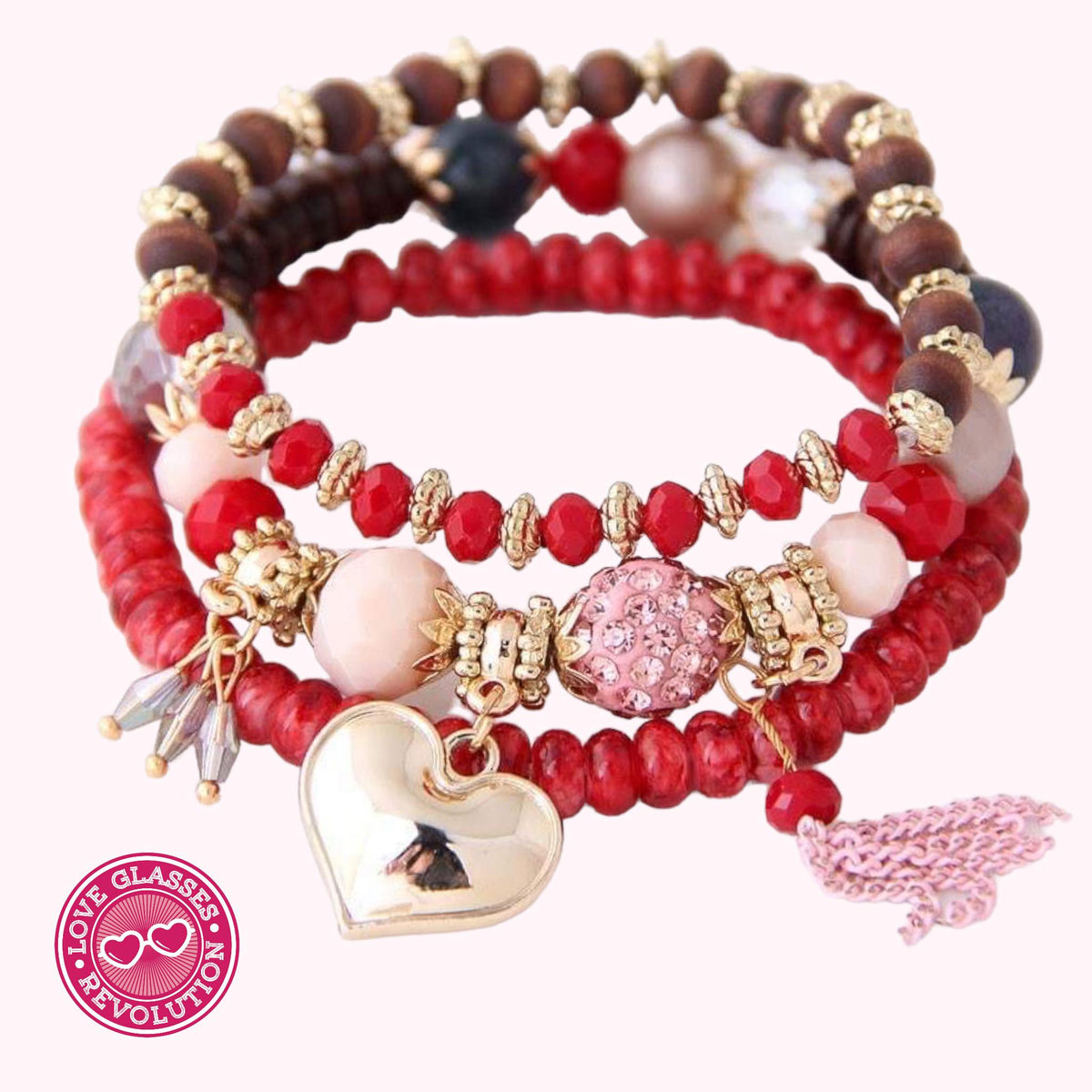 Elegant 3 Piece beaded bracelet with dangly heart - Love Glasses Revolution Main image