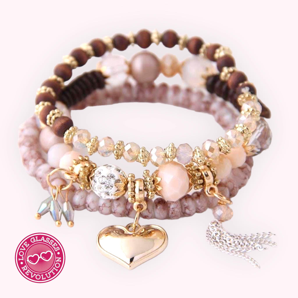 Elegant 3 Piece beaded bracelet with dangly heart - Love Glasses Revolution