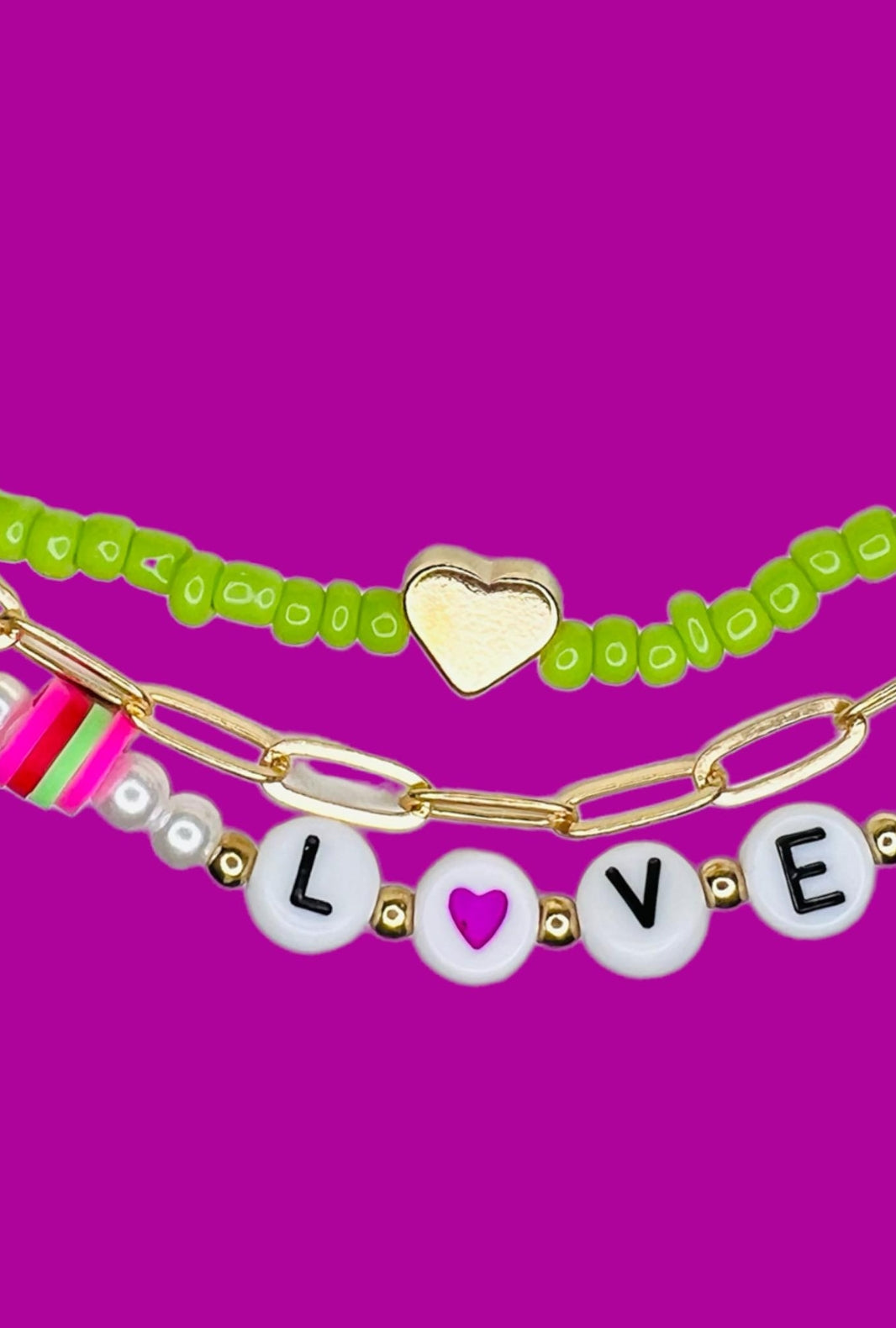 Adorable green and gold 3 chain LOVE bracelet set! Secondary image