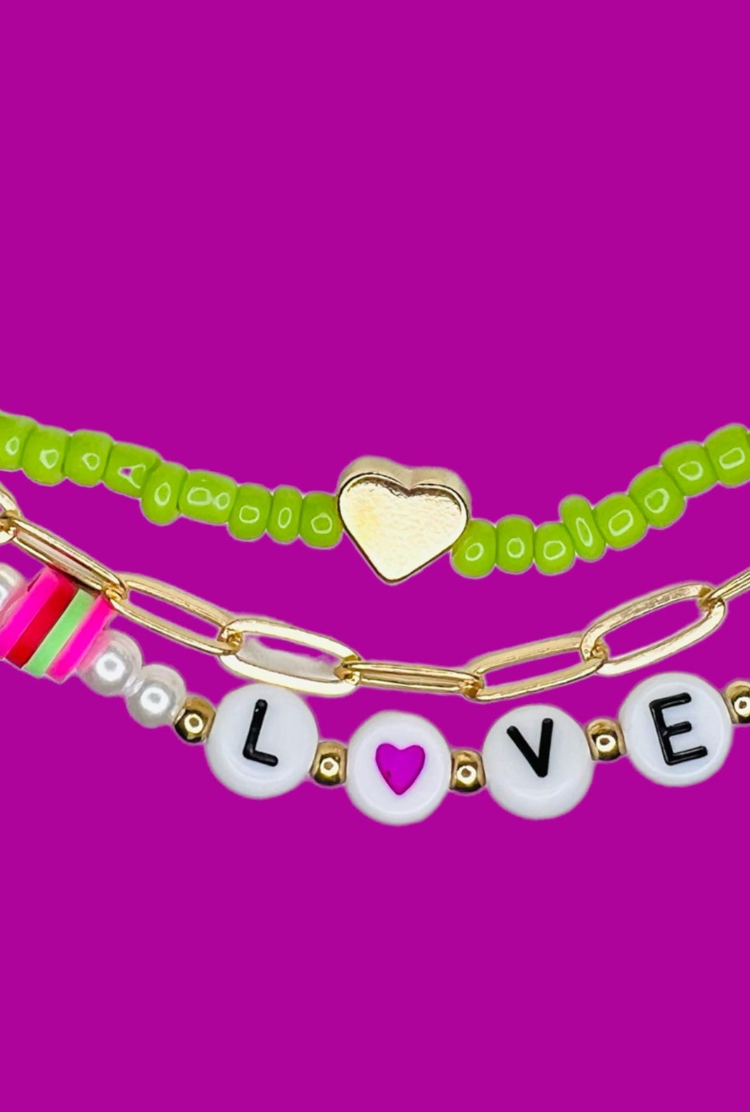 Adorable green and gold 3 chain LOVE bracelet set! - Love Glasses Revolution