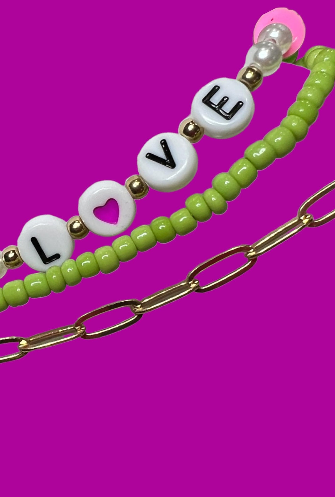 Adorable green and gold 3 chain LOVE bracelet set! - Love Glasses Revolution Main image